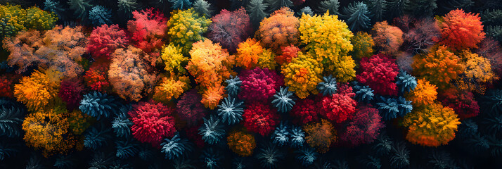 Fototapeta na wymiar Aerial View of Autumn Trees Colorful Trees From Above, A bunch of colorful flowers are displayed in a store