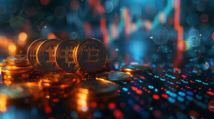 An array of cryptocurrency coins illuminated in teal and orange hues, representing digital finance and blockchain technology.
