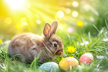 Fototapeta na wymiar Gray bunny with Easter eggs on a flower meadow