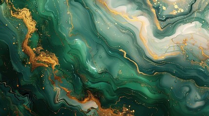 Watercolor background drawn by brush. Green paints spilled on paper. Golden shiny veins and Liquid...