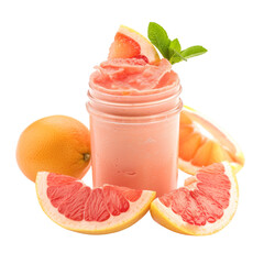 front view of a delicious grapefruit mousse in a jar isolated on a white transparent background