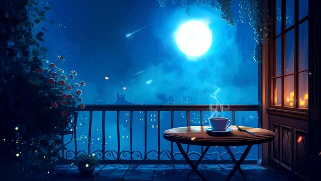 Moonlit Tranquility: Sipping Hot Coffee on the Balcony Under the Gentle Glow of the Moon. Cozy Atmosphere Seamless looping 4k time-lapse  animation background