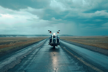 Cinematic shot of a lone motorcycle parked in the middle of an empty road, symbolizing solitude and the journey ahead - obrazy, fototapety, plakaty