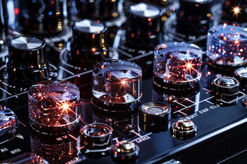 Close-up of a stereos knobs and dials, each sparkle highlighting the intricate details of sound engineering - obrazy, fototapety, plakaty