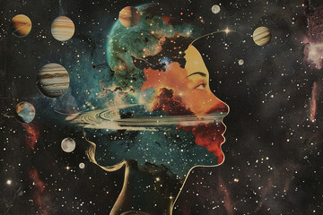 Collage art of a persons profile with their mind opening up to reveal a universe filled with stars, planets, and vintage space craft illustrations - obrazy, fototapety, plakaty
