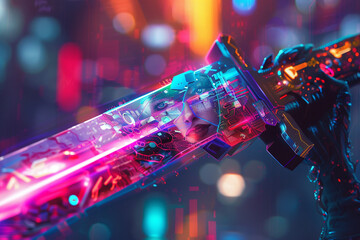 Digital art of a futuristic energy sword, reflecting the face of a cyberpunk hero amidst neon lights