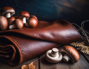 Fungal mycelium as leather alternative, mushrooms and vegan or faux leather