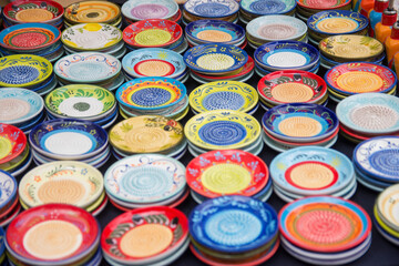 Street photo Tin bronze copper dishes teapot plate Concept of reuse ecology shopping antiques