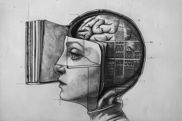 Drawing of a surreal human head where the face opens like a book, revealing stories in black and white sketches