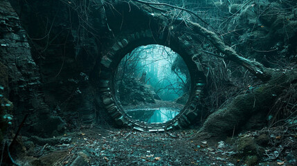 An eerie circular portal stands amidst a dense forest, creating a gateway to a mysterious and foggy woodland realm.
