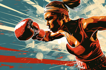 Illustration of a fearless woman boxer throwing a knockout punch in the ring, with exaggerated motion lines for impact