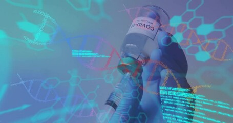 Animation of dna strands and data processing over doctor holding vial and syringe - Powered by Adobe
