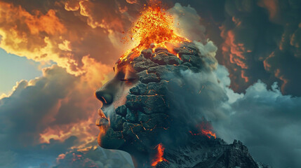 In a mystical world, a human head transforms into a volcano, its eruption a metaphor for unleashing creativity