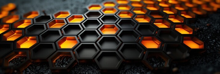 Technological bee honeycombs. Abstract beehive and apiary. Digital bee cells. Modern hexagons similar to bee cells. Bee hive and apiary. Black and yellow and gold background