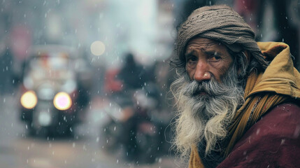 Beggars quiet resilience stands out, challenging the norms of prosperity - obrazy, fototapety, plakaty