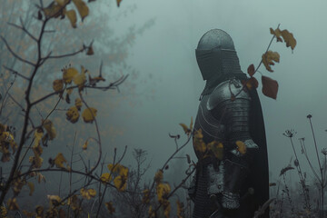 On Halloween, a knights figure emerges from the fog, his presence a timeless echo of battles and legends - obrazy, fototapety, plakaty