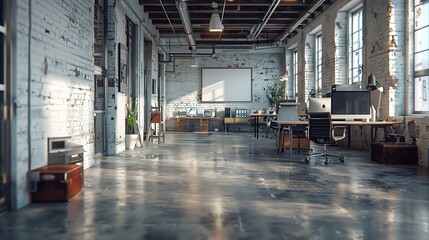 Fototapeta premium White brick open space office interior with a concrete floor, a blank wall fragment and a row of computer desks along the wall