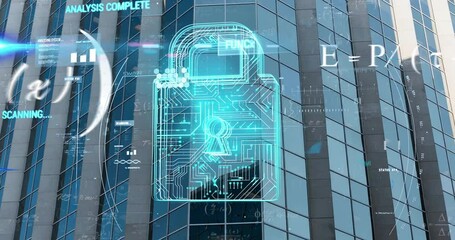 Animation of data processing with padlock icon and mathematical equations over office building - Powered by Adobe