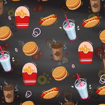 vector seamless pattern of fast food , different types colorful tasty fast food with black and white background 