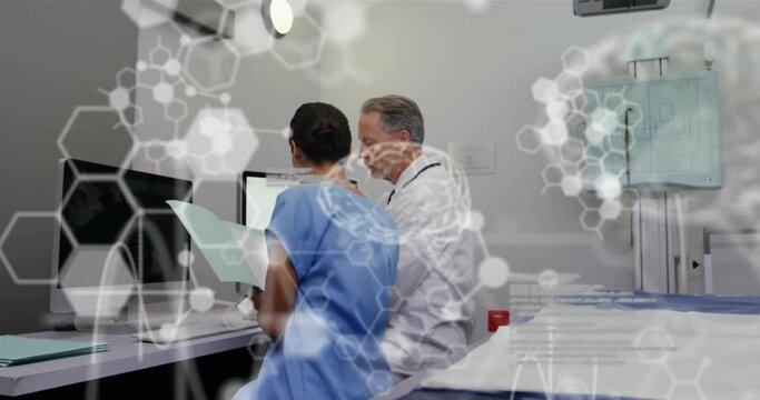 Animation of brain with molecules and data processing over diverse doctors working in hospital