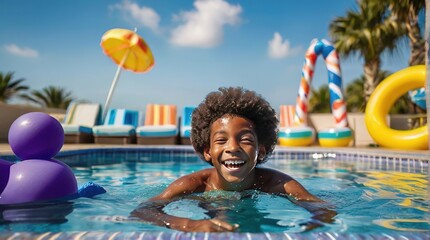 An African American happy boy plays in a pool with a ball and swims on an inflatable lifebuoy at a tropical resort. Summer holidays with children. Water games and entertainment,