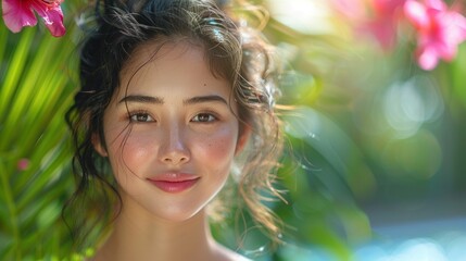 Asian natural beauty woman wellness spa skincare banner panorama on tropical beach background.