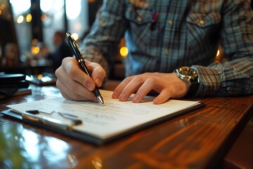 Business Owner Signing Document at a Restaurant - obrazy, fototapety, plakaty