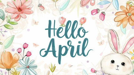 April month illustration background with pastel colors drawing with written Hello April to celebrate start of the month