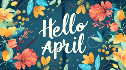 April month illustration background with pastel colors drawing with written Hello April to celebrate start of the month - obrazy, fototapety, plakaty