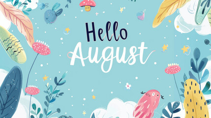 Fototapeta na wymiar August month illustration background with pastel colors drawing with written Hello August to celebrate start of the month