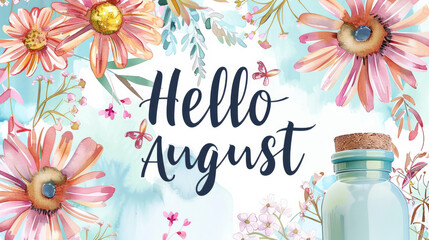 August month illustration background with pastel colors drawing with written Hello August to celebrate start of the month