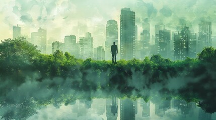 Man Contemplating City and Nature in Harmony