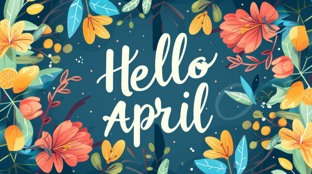 April month illustration background with pastel colors drawing with written Hello April to celebrate start of the month