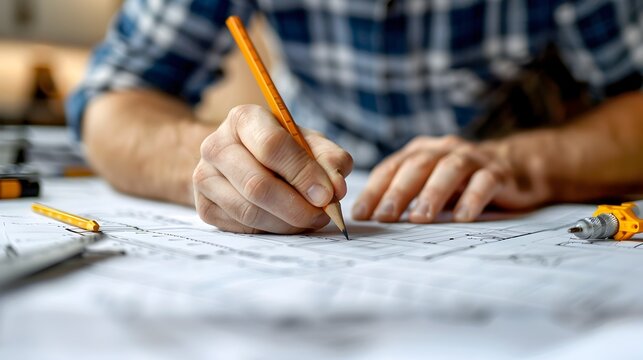 Man Working on Building Plans with Pencil and Paper