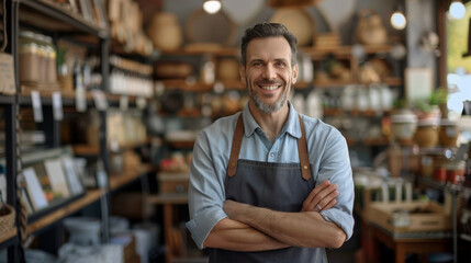 cheerful man with crossed arms wearing a denim shirt and a gray apron, standing in a cafe