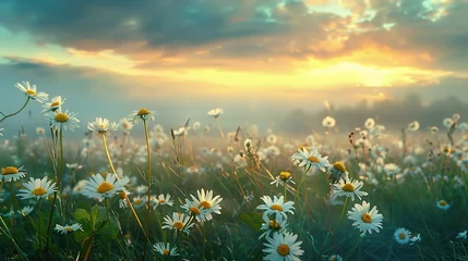 Zelfklevend Fotobehang white flowers daisies, clovers and dandelions in grass against of dawn morning. Ultra-wide panoramic landscape © INK ART BACKGROUND