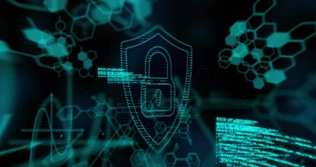 Animation of chemical formula with padlock icon and data processing on black background - Powered by Adobe