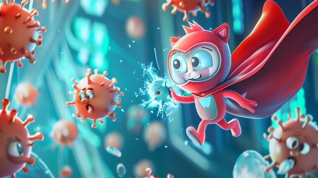 Animated baby super hero in a vibrant costume, using magical antivirus powers to shield friends from playful, cute virus characters