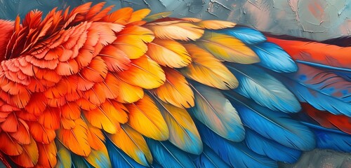 Colorful Scarlet macaw bird's feathers with red yellow orange and blue shades, abstract background - obrazy, fototapety, plakaty