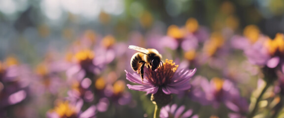 Bee on a purple flower with yellow stamens, surrounded by other similar flowers in a field.  - obrazy, fototapety, plakaty