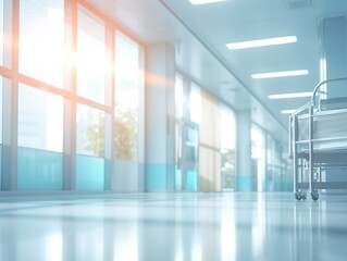 Fototapeta premium Empty hospital corridor with hospital bed and sunlight