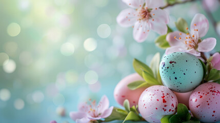 Painted Easter eggs elegantly complemented by spring cherry branches and flowers, embodying the vibrancy and joy of the springtime celebration.