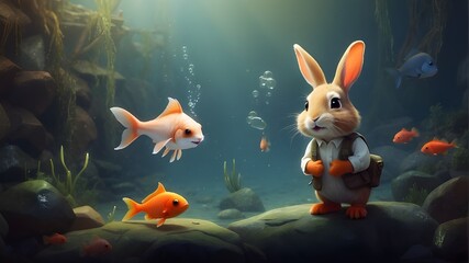 Little rabbit talking to fish, The Easter Bunny loves fish swimming, Fairy tale Easter bunny and fish