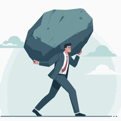 Illustration of the flat design concept of career struggle. Business man lifting a giant rock