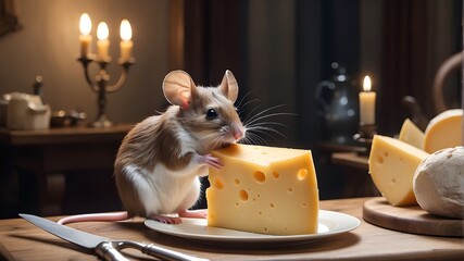 A charming mouse is sitting at the dining table, munching on cheese. - obrazy, fototapety, plakaty