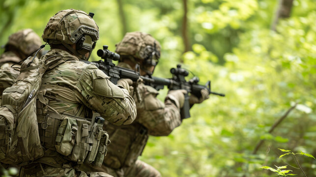 Elite military special forces operate covertly within the dense forest, utilizing stealth and precision to execute their missions amidst the challenging terrain.