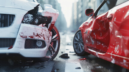 close-up of a car crash scene showing two damaged vehicles with a focus on the crumpled red car's front side and shattered pieces scattered on the road. - obrazy, fototapety, plakaty