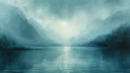 Fantasy landscape with lake and mountains in the fog. 3d rendering - obrazy, fototapety, plakaty