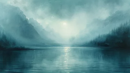 Fototapeten Fantasy landscape with lake and mountains in the fog. 3d rendering © 은호 이