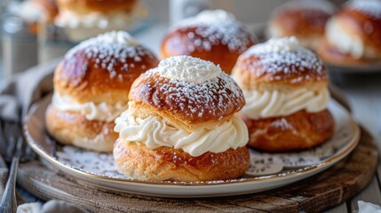 Obraz na płótnie Canvas Semla dessert with soft cream cheese texture in seamless pattern. Ai is generated